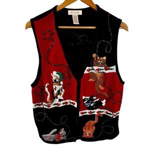 Vtg Christmas Cat Sweater Vest Sz L Beaded Embellished Novelty Holiday Bechamel